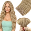 image:imageVe Sunny Seamless Clip ins Human Hair Platinum Blonde Straight 18 InchV3E P1016 Golden Brown Blonde Highlights