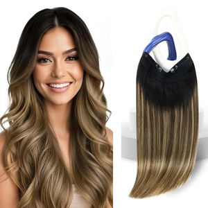 image:imageSunny Hair Wire Hair Extensions Real Human Hair Adjustable Line HairpieceC2 1B427 Black Ombre Brown Balayage Caramel Blonde
