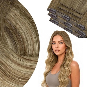 image:imageVe Sunny Genius Human Hair Extensions Clip ins Balayage 14 InchW7 6606 Chestnut Brown Ombre Balayage Platinum Blonde