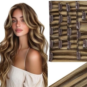 image:imageVe Sunny Seamless Clip ins Human Hair Platinum Blonde Straight 18 InchV3D P427 Espresso Caramel Swirl