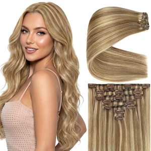 image:imageVe Sunny Seamless Clip ins Human Hair Platinum Blonde Straight 18 InchV3E P1016 Golden Brown Blonde Highlights
