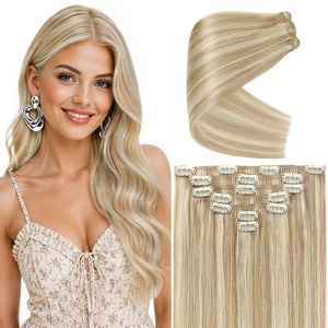 image:imageVe Sunny Seamless Clip ins Human Hair Platinum Blonde Straight 18 InchV5B P2760 Sunlit Honey Blonde Highlights