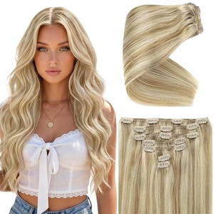 image:imageVe Sunny Seamless Clip ins Human Hair Platinum Blonde Straight 18 InchV5C P1622 Amber Glow Highlights