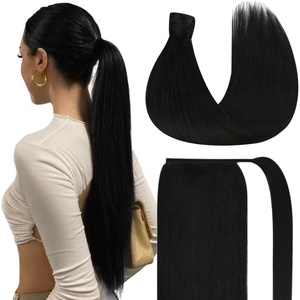 image:imageVe Sunny Ponytail Extension Human Hair 80g Wrap Around Natural Pony Tails Hair Extensions Straight Real Human Hair for Women Jet Black 14 InchPony111 Jet Black