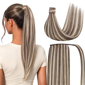 image:imageVe Sunny Ponytail Extension Human Hair 80g Wrap Around Natural Pony Tails Hair Extensions Straight Real Human Hair for Women Jet Black 14 InchPony238A60 Light Brown Highlights Platinum Blonde