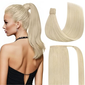 image:imageVe Sunny Ponytail Extension Human Hair 80g Wrap Around Natural Pony Tails Hair Extensions Straight Real Human Hair for Women Jet Black 14 InchPony2460 White Platinum Blonde