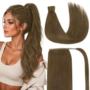 image:imageVe Sunny Ponytail Extension Human Hair 80g Wrap Around Natural Pony Tails Hair Extensions Straight Real Human Hair for Women Jet Black 14 InchPony328 Light Ash Brown